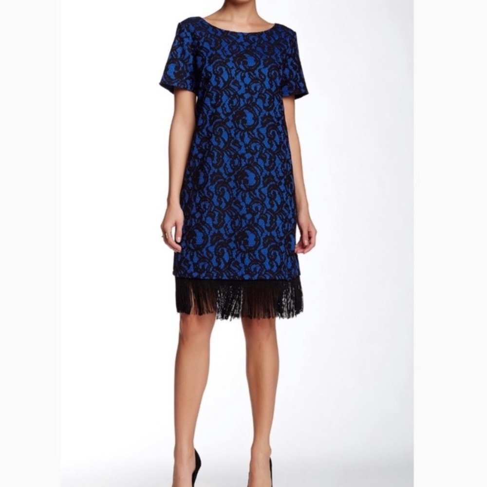 Adrianna Pappell blue fringe flapper lace dress